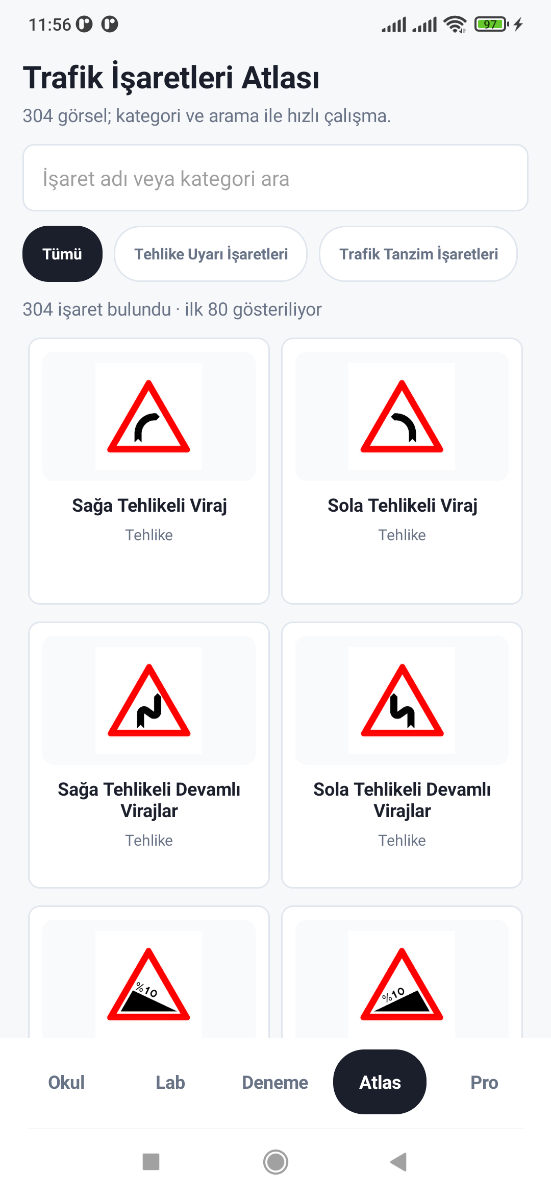 EhliyetLab trafik işaretleri atlası