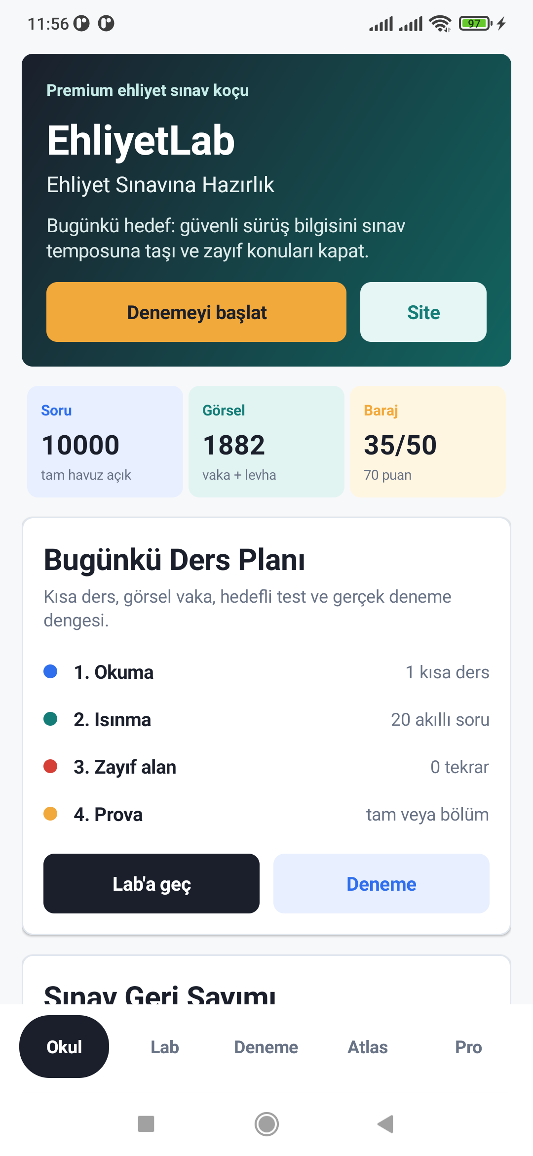 EhliyetLab okul ana ekranı